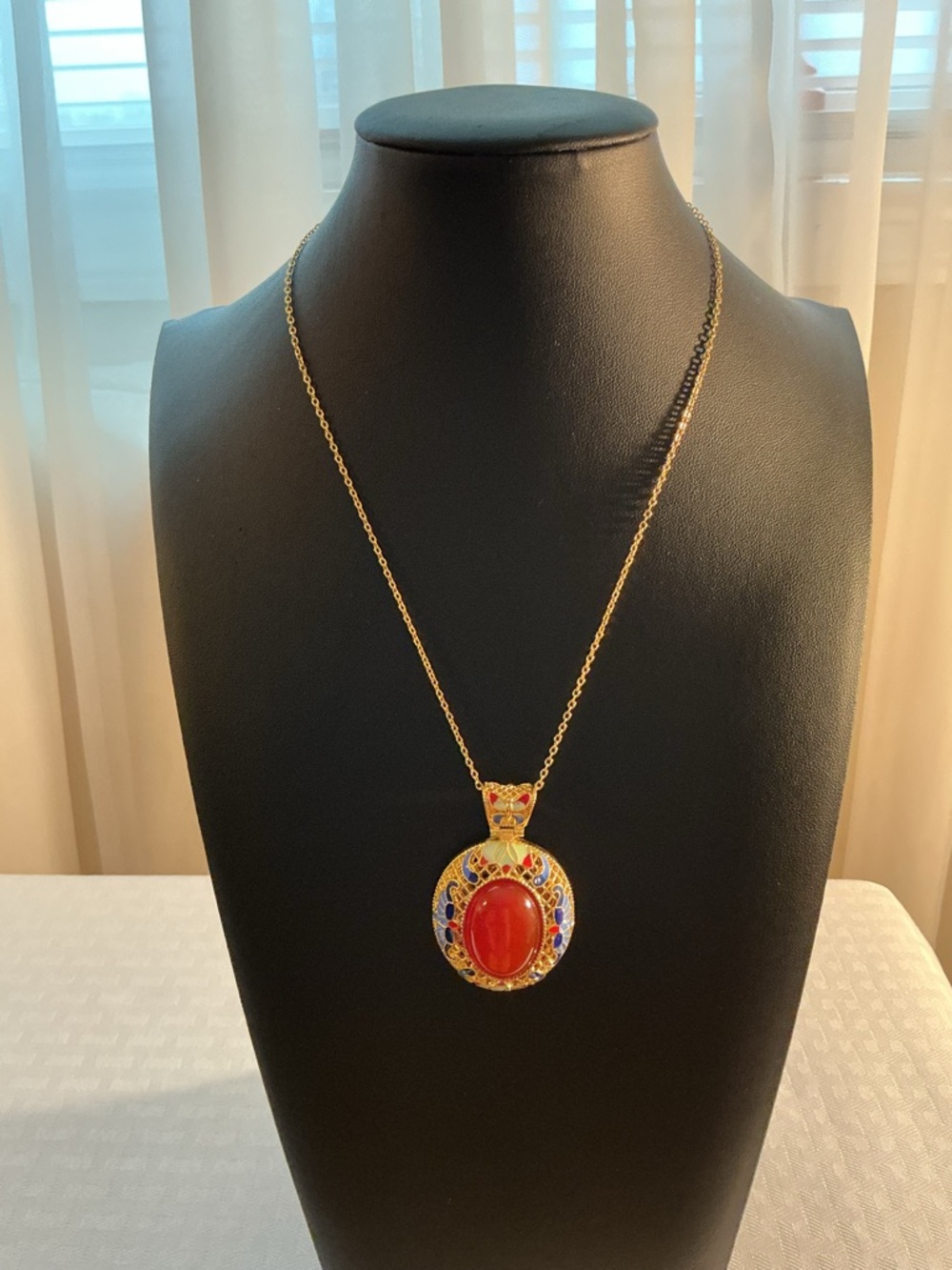 Carnelian And Enamel Gold Tone Pendant Necklace - Picture 2 of 4